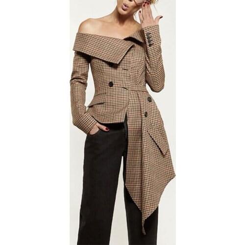 New Slash Neck Lady Office Brown Jackets Coat Casual Outfits 2021 New Autumn Women Blazers Coat Long Sleeve Asymmetric Plaid