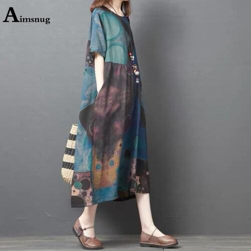 Women Elegant Leisure Casual Mid-Calf Dress Fashion 3D Print Loose Dresses 2021 Ladies Vintage Cotton Linen Dress Femme Clothes