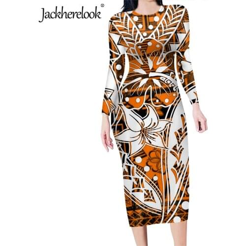 Jackherelook Vintage Polynesain Tribal Hibiscus Printing 2020 Autumn Women Pencil Dresses Bodycon Pencil Dress Elegant Vestidos