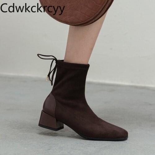 Winter The New British style fashion Square head Short tube Martin boots black brown Suede Lace High heels Women boots size34-43