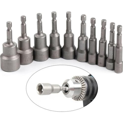 10Pcs 6-19mm Magnetic Screwdriver Nut Driver Socket Set Impact 1/4" Hex Shank Metric Electric Power Wrench Socket