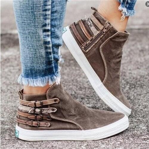 2020 Women Ankle Gladiator Denim Flats Autumn Flat Shoes Woman Sneaker Causl Zipper Fashion Female Shoes Plus Size