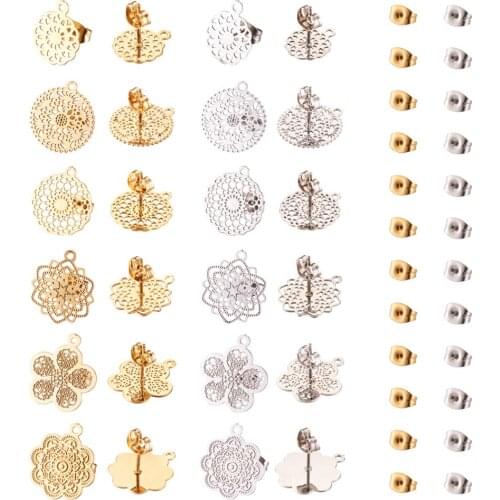 24pcs/box 304 Stainless Steel Stud Flower & Flat Round Earring Findings with Loop,for Earring jewelry making Accessories Decor