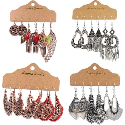 3Pairs/Set Retro Bronze Women' s Dangle Hanging Earrings Boho Vintage Animal Bird Owl Geometric Hollow WaterDrop Tassel Earring