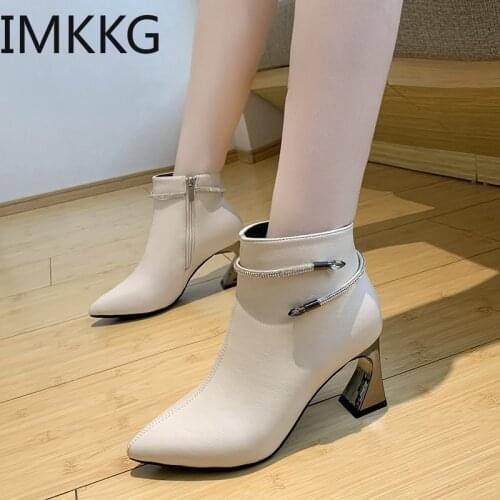 New Autumn Winter Womens Boots Fashion Pointed Toe Black Beige Soft Pu Leather Ankle Shoes Zipper thick Heel Botas Mujer