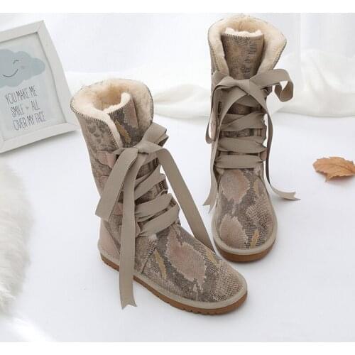 Snake Print Lace-up Snow Boots Plush Warm Flat Winter Shoes Woman Australian Fur Boots Women Mid-Calf Botas Mujer Invierno