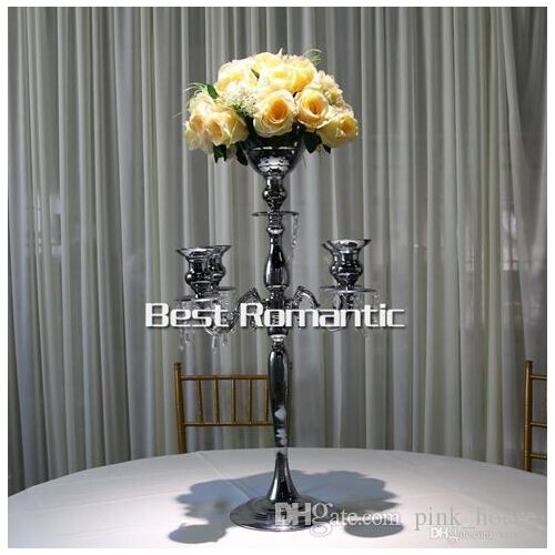Elegant 5 arms Metal Candle Holder Gold/Silver Plated Candlestick Crystal Table Candelabras Home Hotel Wedding Centerpieces