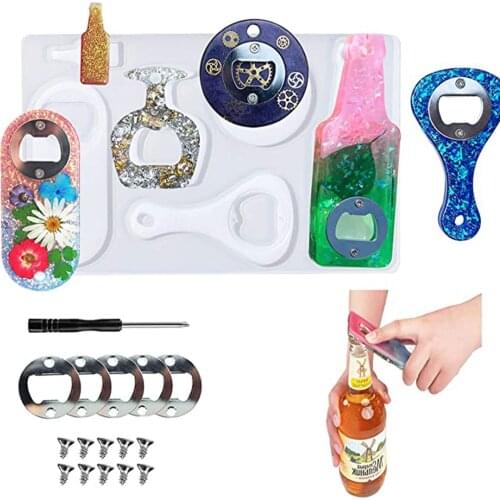 Cute Bottle Opener Resin Mold Beer Opener Mirror Silicone Mold Keychain Epoxy Mould with 5PCS Corkscrew for DIY Gift Table Decor