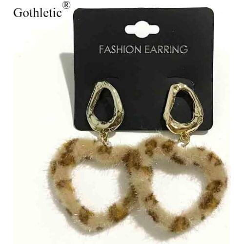 Gothletic Brown Leopard Print Fabric Hearts Drop Earring Velvet Wrapped Open Heart Dangle Earrings for Women Fashion Jewelry NEW