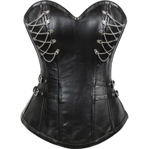 Gothic Corset Faux Leather Bustier Overbust Metal Chain Synthetic Leather Gorset Sexy Women Outwear Night Club Korsett Black Hot