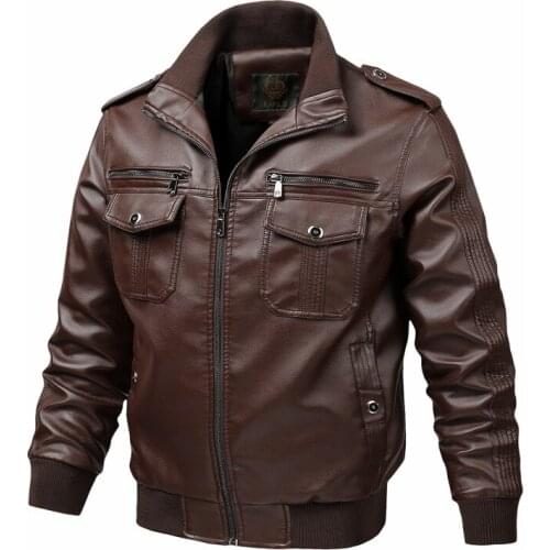 Leather Jacket Motorcycle PU Leather Jacket Men Cool Zipper Multi-pocket stand collar Coats Long Sleeve zipper windproof