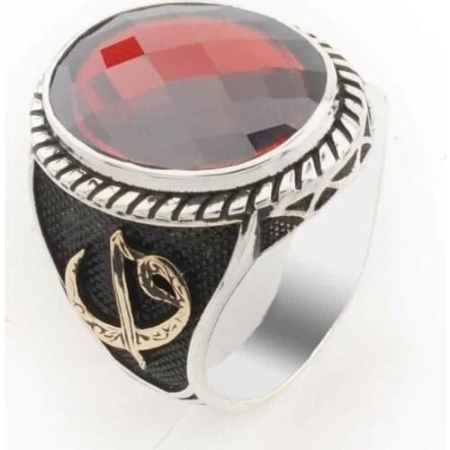 Red Cubic Zirconia Aleph Vav a Detailed Silver Men 'S Ring