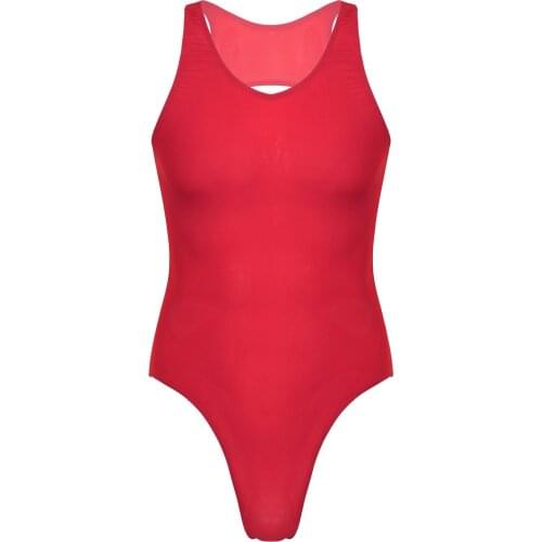 Mens Sexy See-through Bodysuit Scoop Neck Backless Bodysuit Underwear Exercise Solid Color Cutout Gymnastic Leotard Swimsuit