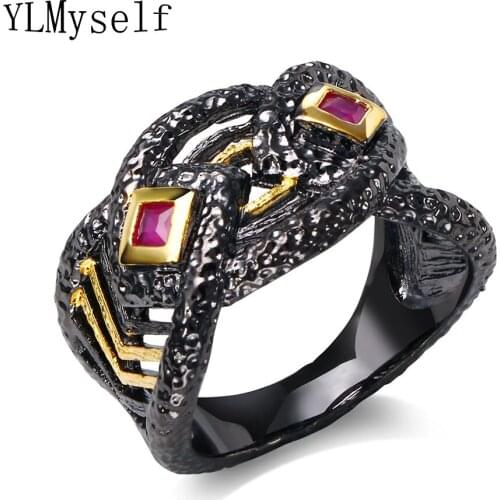 New black ring dropshipping vintage design with square red cubic zirconia copper jewelry for women