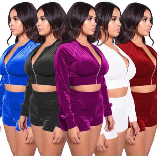 2020 Autumn Velet Tracksuit Zipper Up Long Sleeve Elastic Waist Short Jacket High Waist Shorts Jogging Suits Women Clothing