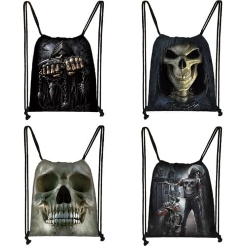 Cool Death Skull Backpack Women Men Travel Bag Grim Reaper Drawstring Bag Boys Girls Bookbag Canvas Storage Bags Shoes Holder