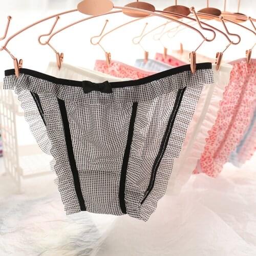 Mesh Briefs Sexy Panties Transparent Strawberry Cherry Dots Checks Cute Lovely Girls Ladies Low-Waisted Seamless Underwear Women
