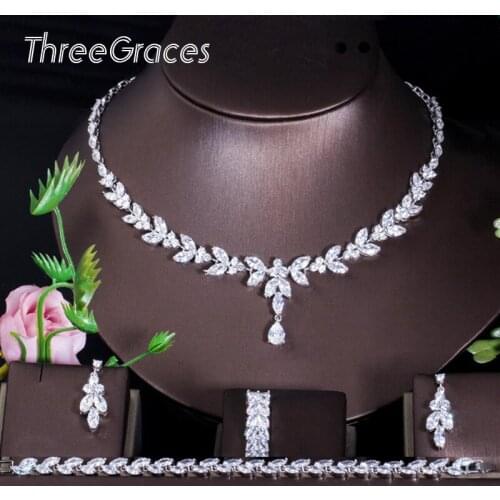 ThreeGraces Elegan Big Leaf Drop CZ Wedding Necklace Earrings Bracelet and Rings Luxury Prom Costume Jewelry Set for Women JS258