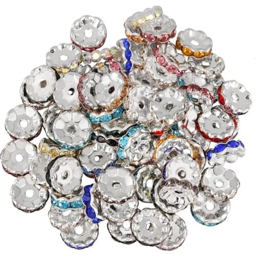 TUMBEELLUWA 10Pcs/Lot 12mm Rhinestone Rondelles Crystal Beads Silver-color Loose Spacer Beads for DIY Jewelry Making Accessories