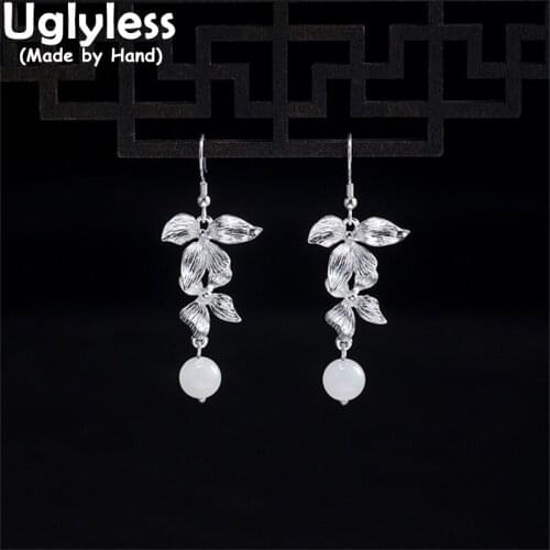 Uglyless French Romance Handmade Silver Flowers Earrings for Women Real 925 Silver Floral Earrings Hotan Jade Brincos Bijoux