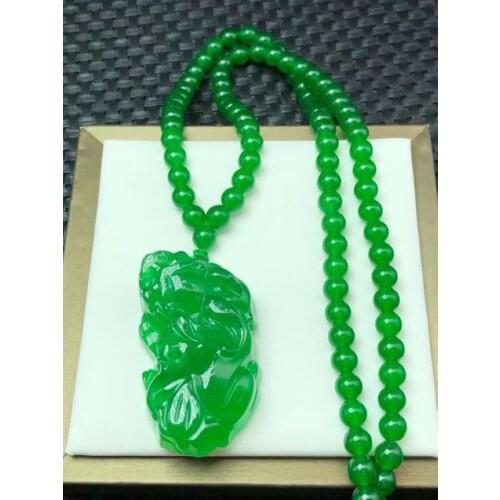 Admirable Burma Green Jade Pi Xiu Amulet Pendant Emerald Lucky Beast Hanging Mala Bead Necklace