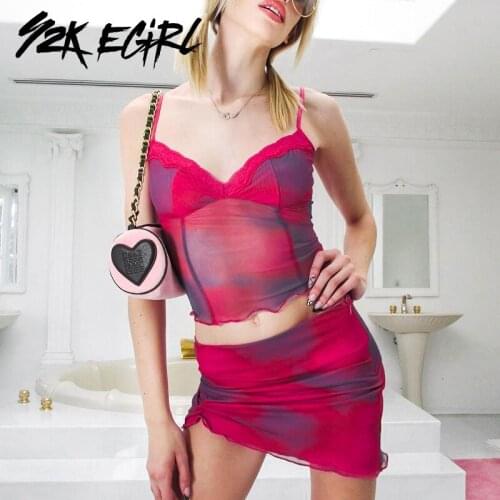 Y2K EGIRL 2000s Aesthetics Tie Dye Pink Lace Trim 2 Piece Sets Y2K Vintage Mesh Cami Tops and Ruched Mini Skirt Co-ord Suit 2021