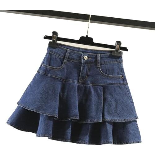 Blue Denim Skirt Ruffles Womens Jeans Skirts Preppy Style High Waist Party Lolita Skater Skirt Pleated Swing Short Skirt