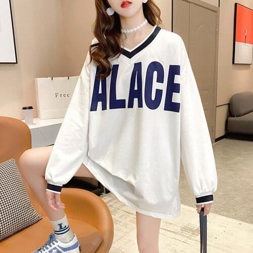 Streetwear V-neck Sweatshirt Women Spring Autumn Thin Long Sleeve Lazy Women Sweatshirt Woman Fashion Print Letter Coat Woman