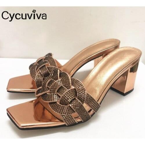 Hot Gold Crystal Chunky Heels Slippers Women Gladiator Sandals Peep Toe Ladies Shoes Sexy Wedding Party High Heels Shoes Women