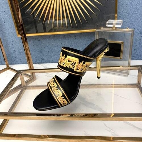 New Hot Sale Summer Shoes Women Sexy Women Slippers Genuine Cow Leather Print Super High Heels Women Slippers Zapatos De Mujer