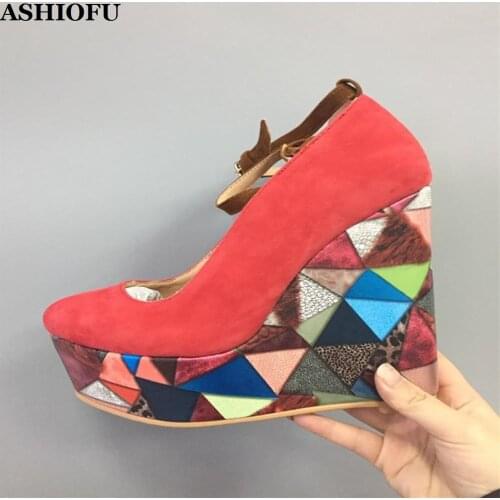 ASHIOFU Handmade Women Wadge Heel Pumps Multicolored Faux-suede Party Dress Shoes Buckle-strap Evening Fashion Court Shoes