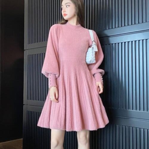 Casual Pull Mini Dress for Women High Quality Autumn Winter Knitted Sweater Dress Women Korean Sweet Vestidos Long Sleeve Button