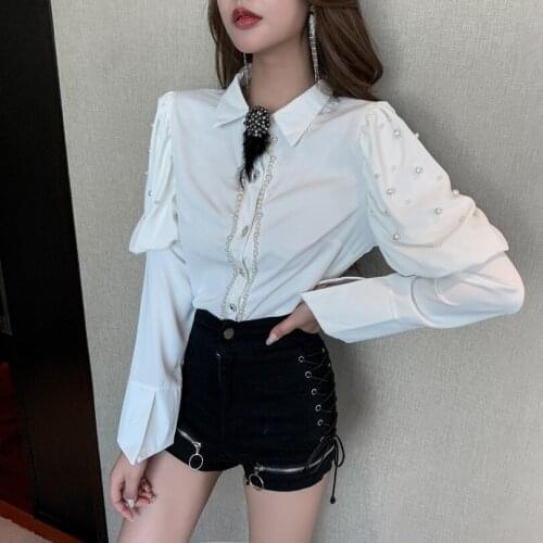 2020 New Fashion Top Long Puff Sleeve White Black Beading Blouse +High Waist Bodycon Zipper Bandage Shorts Women Outfits