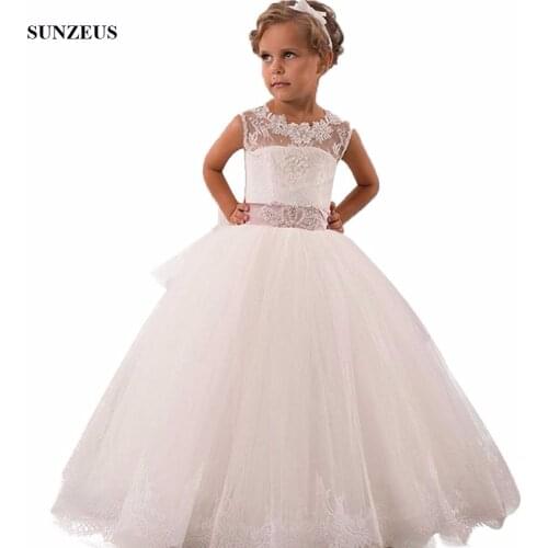 Ball Gown Appliques Tank Flower Girl Dress Ivory / White Tulle Children Party Gowns Floor Length Wedding Kids Dress FLG083