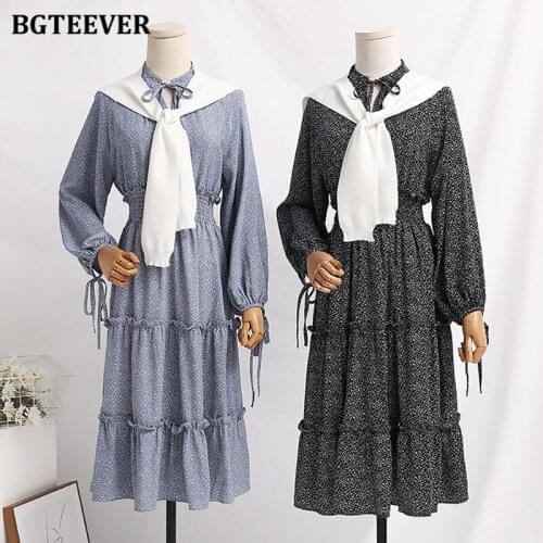 BGTEEVER Elegant 2 Pieces Women Dresses Lace-up Slim Waist Floral Print Dress & Knit Shawl 2021 Autumn Winter Ladies Vestidos