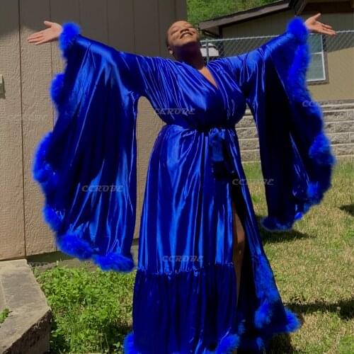 Bathrobe for Women Flare Sleeves Feather Bridal Robe Silk Satin Luxury Long Wedding Dressing Gown Maternity Dress Photo Shoot