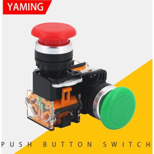2pcs Mushroom Head Push Button Switch Momentary/Reset Lock/Latching LA38-11M Power Supply Red Green Mounting Hole Size 22mm