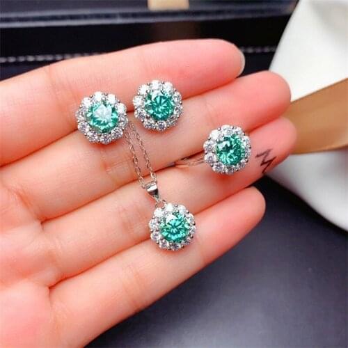 Luxury Bridal Jewelry Sets Elegant Round Green Crystal Jewelry Set Stud Earrings Adjustable Open Rings Necklace Sets For Women