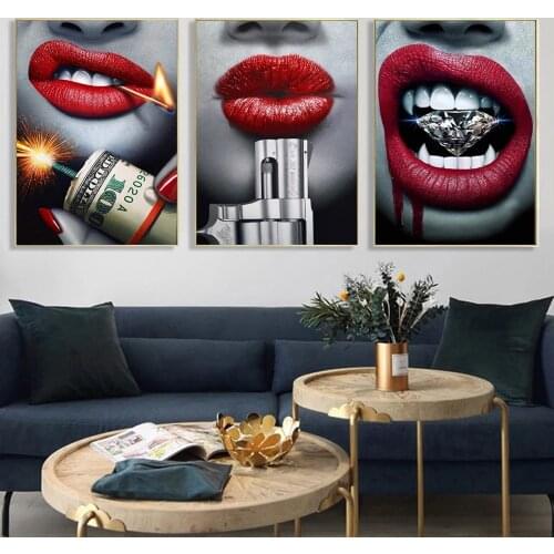 Blood Red Lipstick Sexy Lip with Gun and Money Canvas Painting Fashion Poster and Prints Wall Picture for Living Room Home Decor