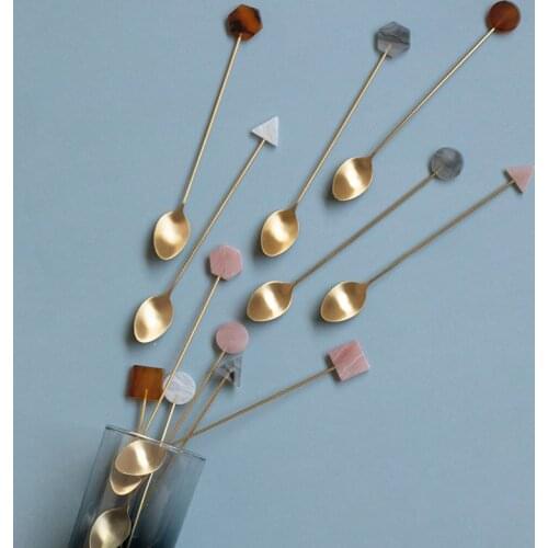 Stainless Steel Spoon with Long Thin Handle Coffee Stirring Spoon Acrylic Geometric Topper Cake Dessert Spoons Kitchen Utensil