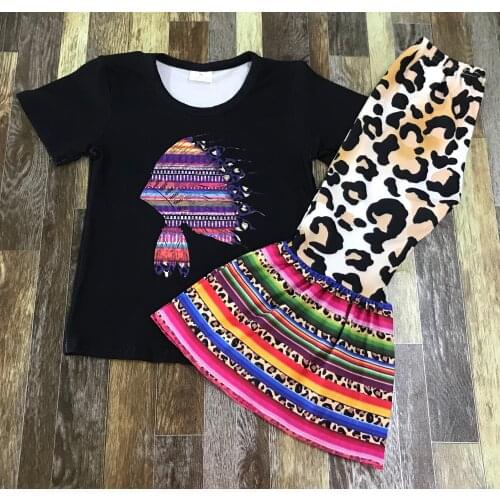 Fashion baby girl black totem Indian theme leopard print bell bottom set with short sleeves