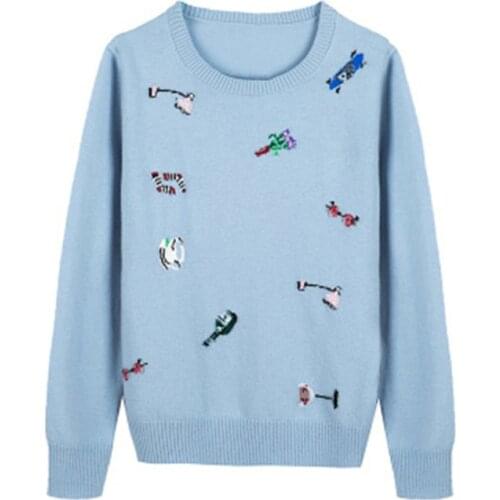 Pure wool solid knit women korean style Oneck embroidered pullover sweater light pink 4color M-3XL retail wholesale