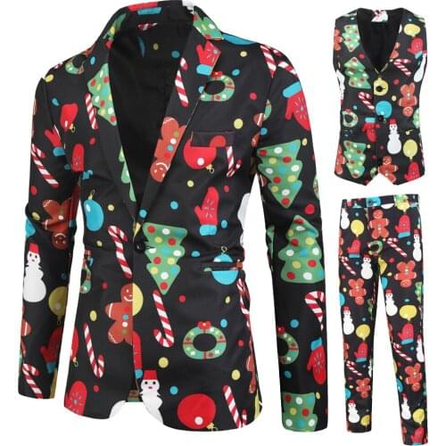 Jacket+Vest+Pant)New men Suits Fashion Christmas pattern Printed Party Mens Casual Slim Suit Blazer 2-3 pcs Can be Single Sale