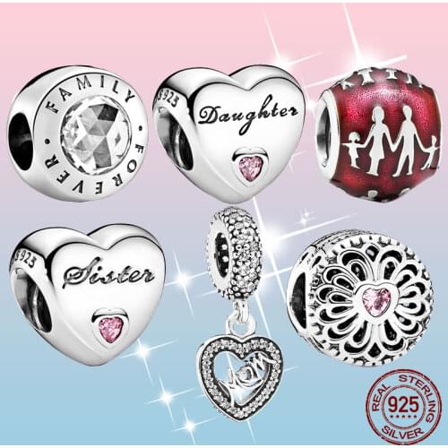 Mom Gift Pendant Silver 925 Sterling Silver CZ Love Mum in Heart Shape Charms fit Pandora Beads Bracelet Necklace Silver Jewelry