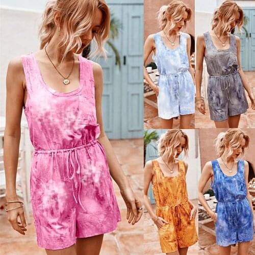Casual Summer Sleeveless Tie Dye Playsuit Lace Up Bowknot Female Home Short Rompers Ladies Tie-dye Jumpsuit Bodysuit Overalls