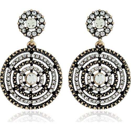 Exaggerated Antique Silver/Gold Color Rhinestone Hollow Pendant Ethnic Drop Earrings for Women Girls Fashion Party Jewelry