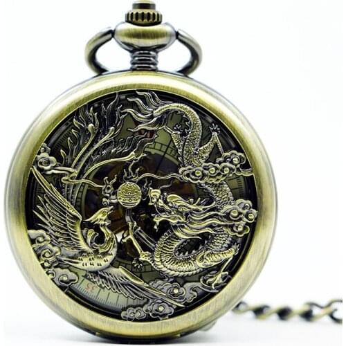 5Pcs/lot Luxury Mechanical Pocket Watch Hollow Dragon&Phoenix Roman Numerals Pendant Clock For Men Women PJX1272