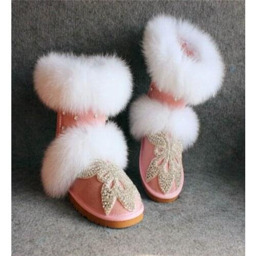 Luxury rhinestone winter fur boots fox fur pink snow boots high-end exclusive design winter new warm fur one