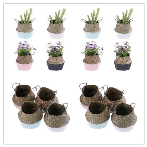 Handmade Wicker Basket Bamboo Seagrass Flower Pot Storage Basket Foldable Straw Patchwork Rattan Seagrass Belly Garden Decor