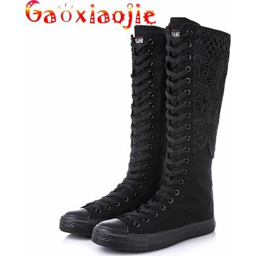 Breathable Lace Canvas Boots Women Fashion Casual High Top High Tube Boots 2020 Hot Autumn Side Zipper Front Lace-up Lady Shoes